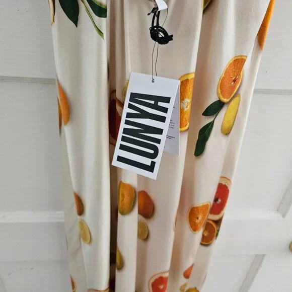 Lunya Washable Silk Bias Slip Dress in Main Squeeze Orange Print Medium